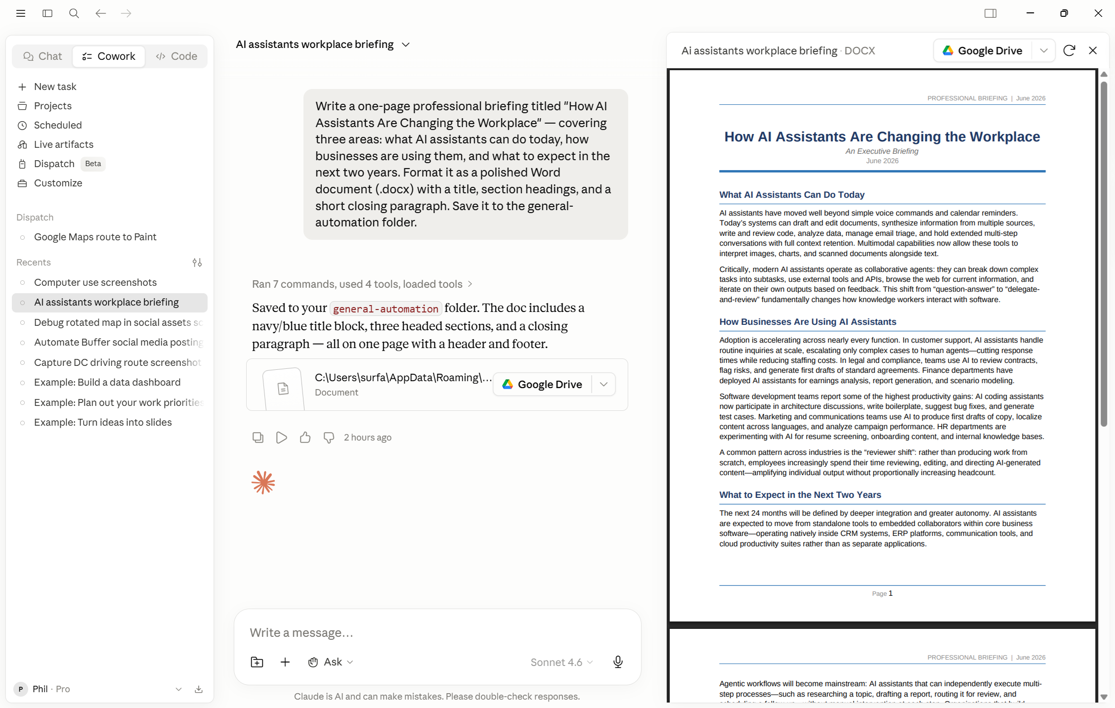 Claude Cowork mostra un compito completato con un documento Word assemblato da note di riunione e visualizzato nel pannello di anteprima