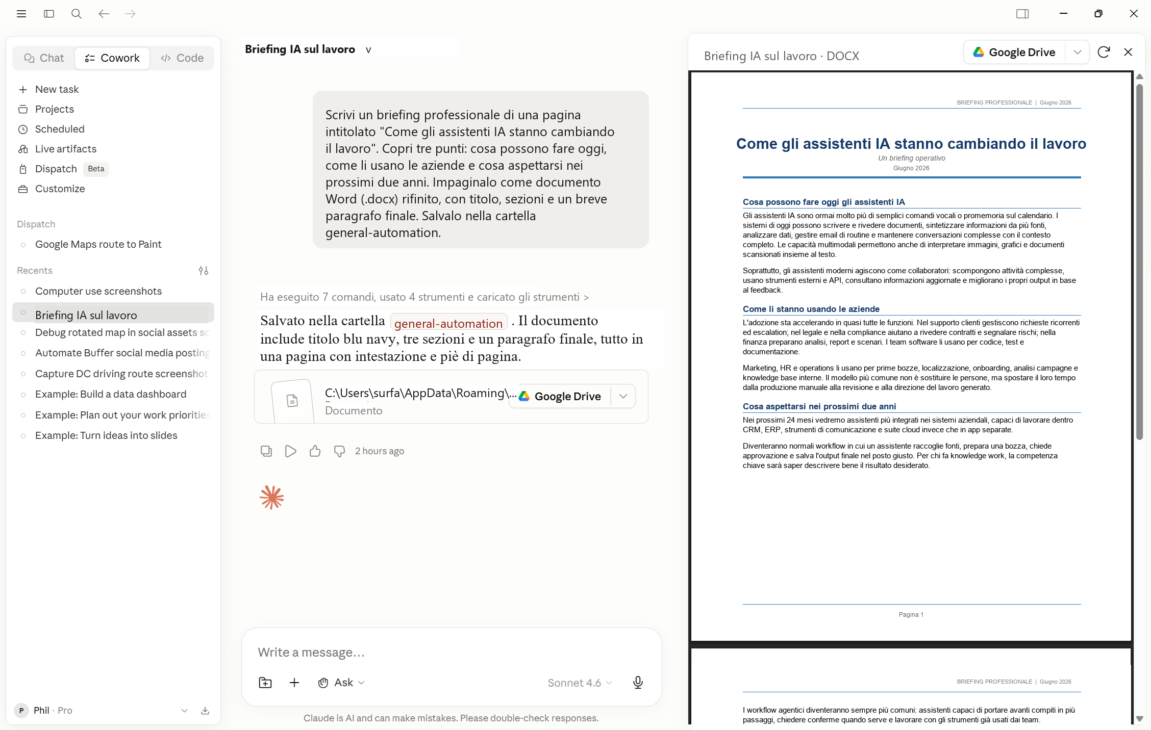 Claude Cowork mostra un compito completato con un documento Word assemblato da note di riunione e visualizzato nel pannello di anteprima