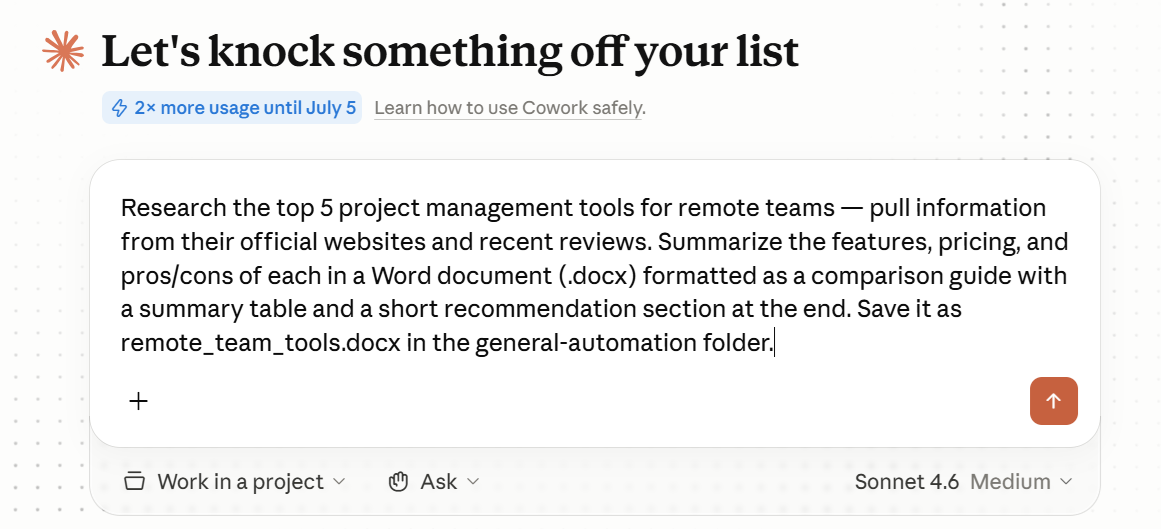 L'input di un compito Cowork che mostra un prompt di delega dettagliato che specifica il risultato, il materiale di partenza, il formato e la destinazione di salvataggio