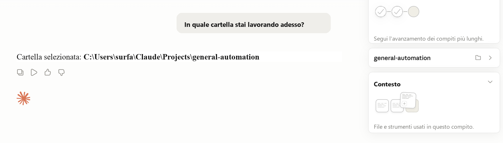 Barra laterale di Claude Cowork con cartelle e file collegati, disponibili per il compito aperto