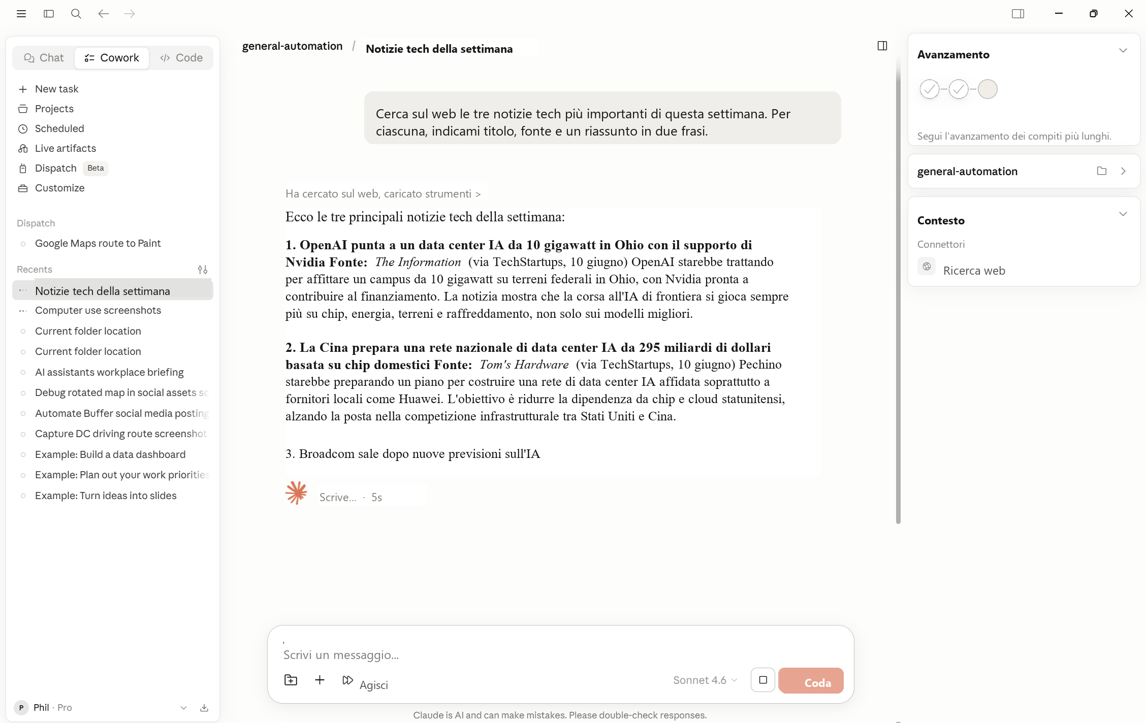 Compito Cowork che combina un file locale con una ricerca web e mostra il briefing risultante