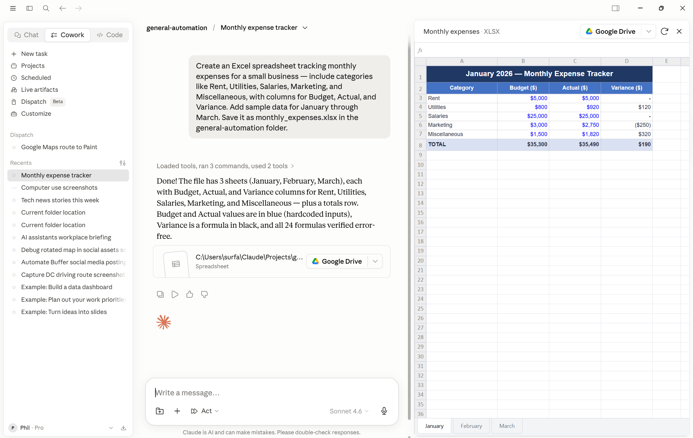 Il risultato di un compito Cowork che mostra un documento Word completato — un briefing professionale salvato nella cartella connessa