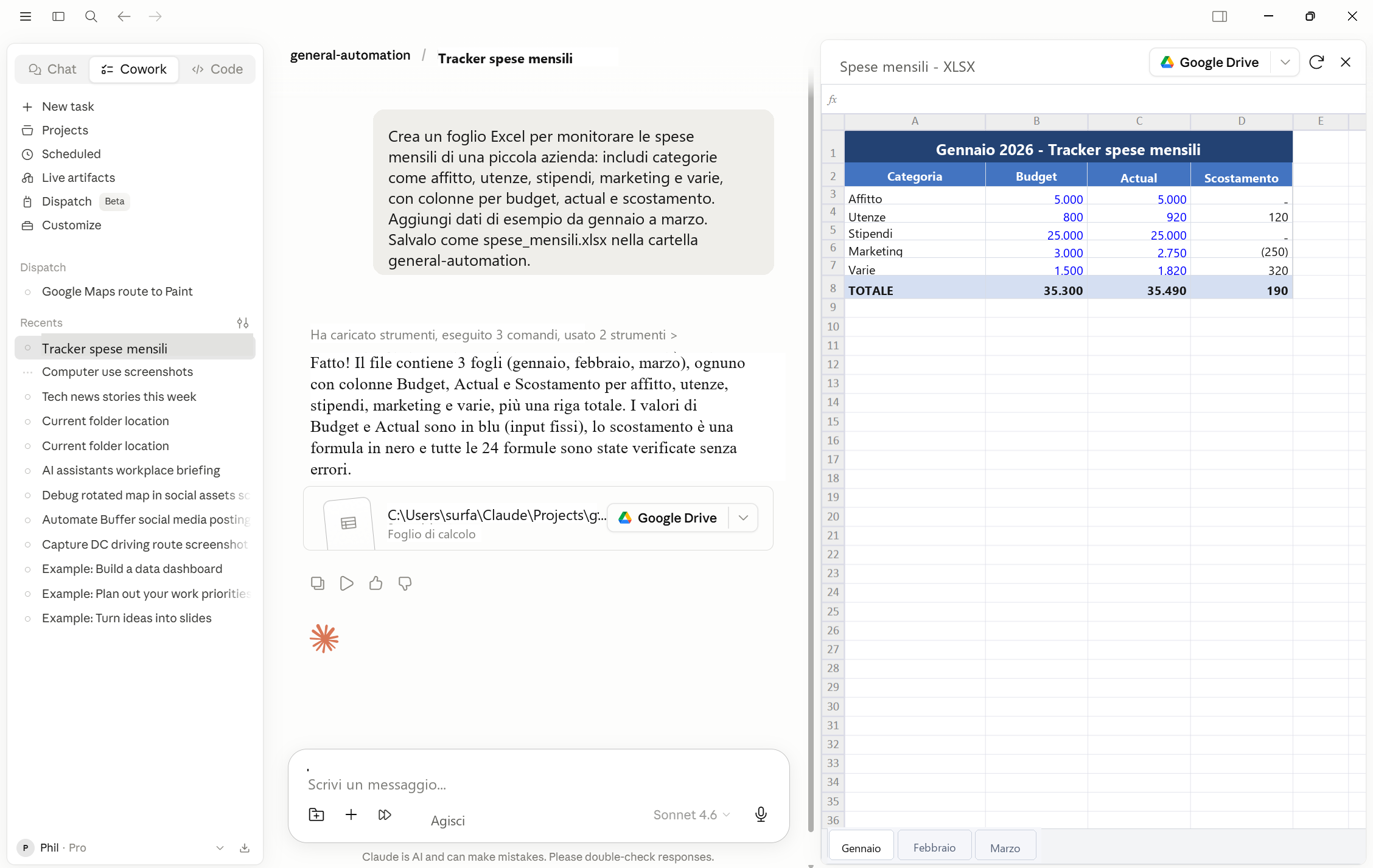 Risultato di un compito Cowork con un documento Word completato e salvato nella cartella collegata