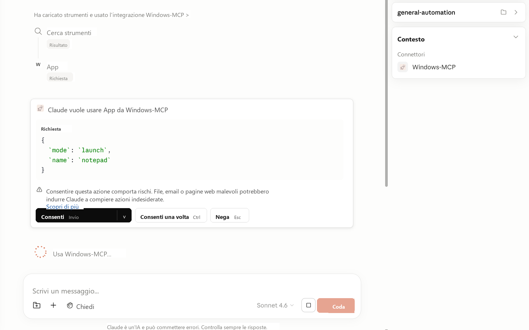Claude Cowork in modalità Chiedi, con un pannello di conferma che descrive l'azione successiva prima di procedere