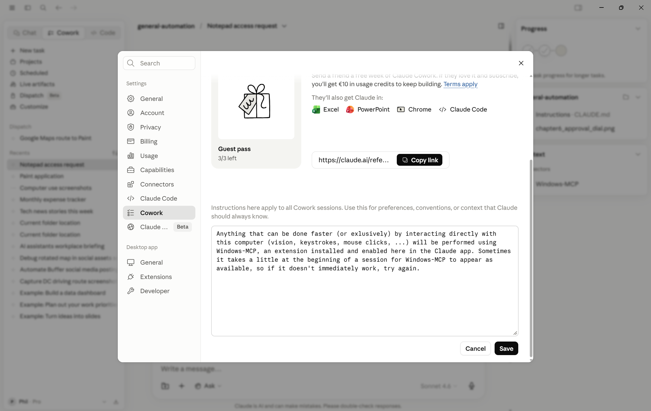 Il pannello delle istruzioni globali nelle impostazioni di Claude Cowork che mostra un brief permanente completato con ruolo, tono e preferenze di formattazione