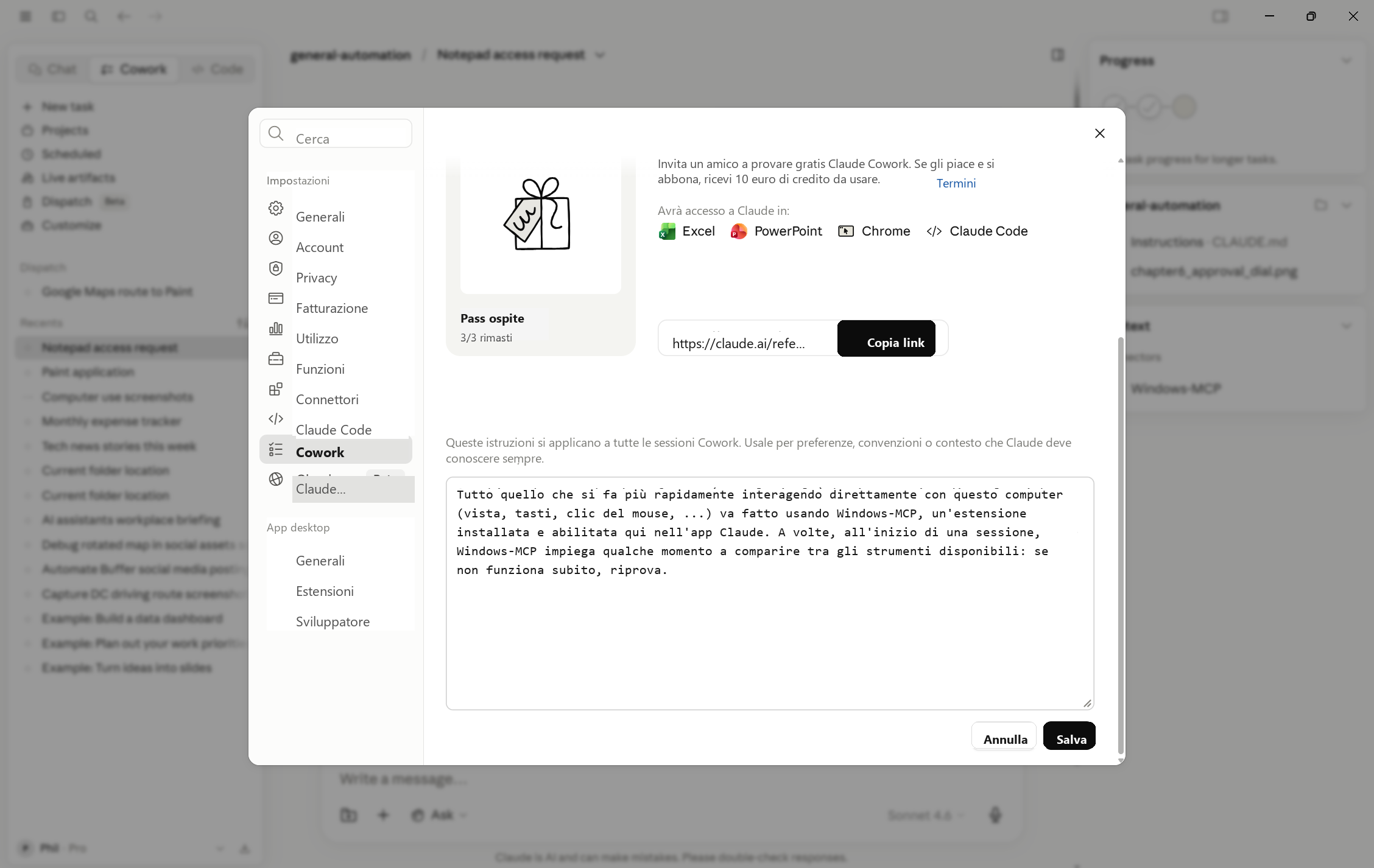Pannello delle istruzioni globali nelle impostazioni di Claude Cowork, con ruolo, tono e preferenze di formattazione
