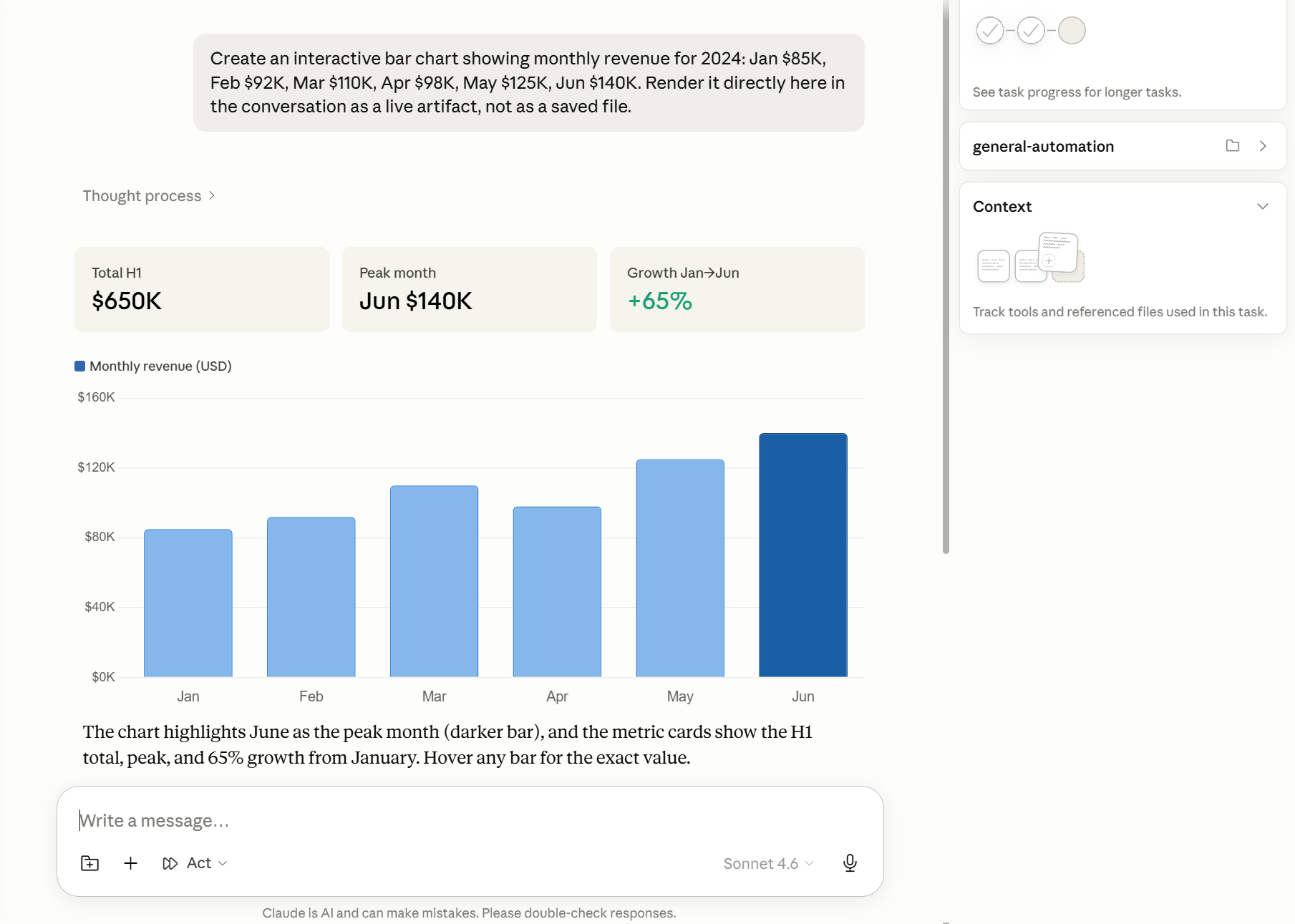 Claude Cowork che mostra un output visivo completato — un dashboard con grafici e una tabella filtrabile prodotta da file di stato del progetto