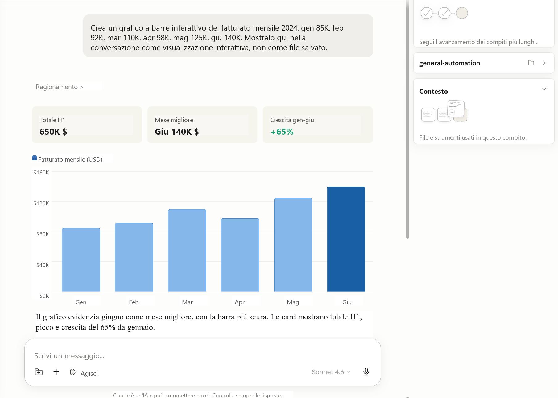 Claude Cowork mostra una dashboard con grafici e tabella filtrabile prodotta da file di stato progetto